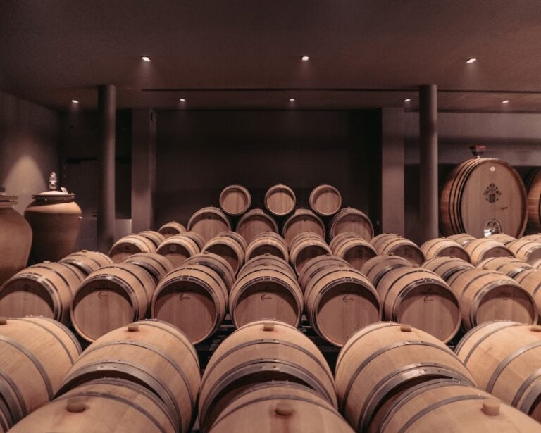 Chai à barriques moderne dans un domaine viticole bordelais, rangées de fûts en élevage dans une cave contemporaine
