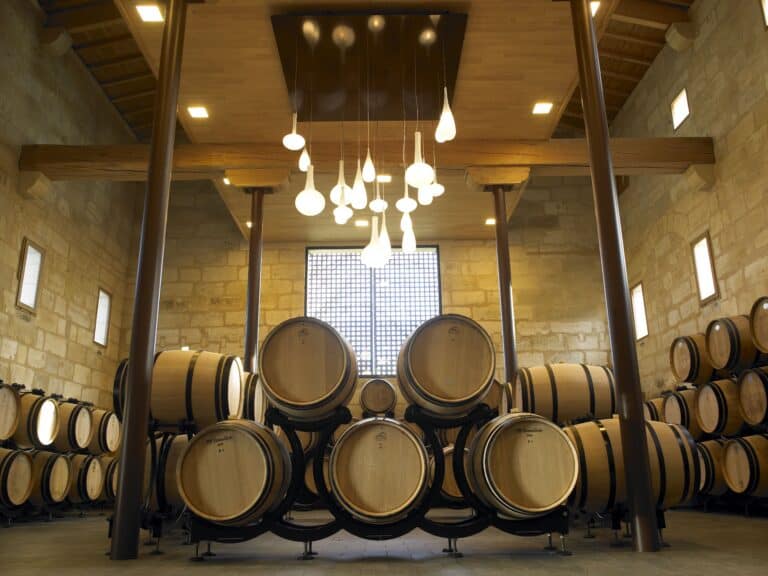 Chai moderne aux barriques élégamment disposées dans un château viticole de Bordeaux, lors d’une visite de cave pendant une excursion œnologique